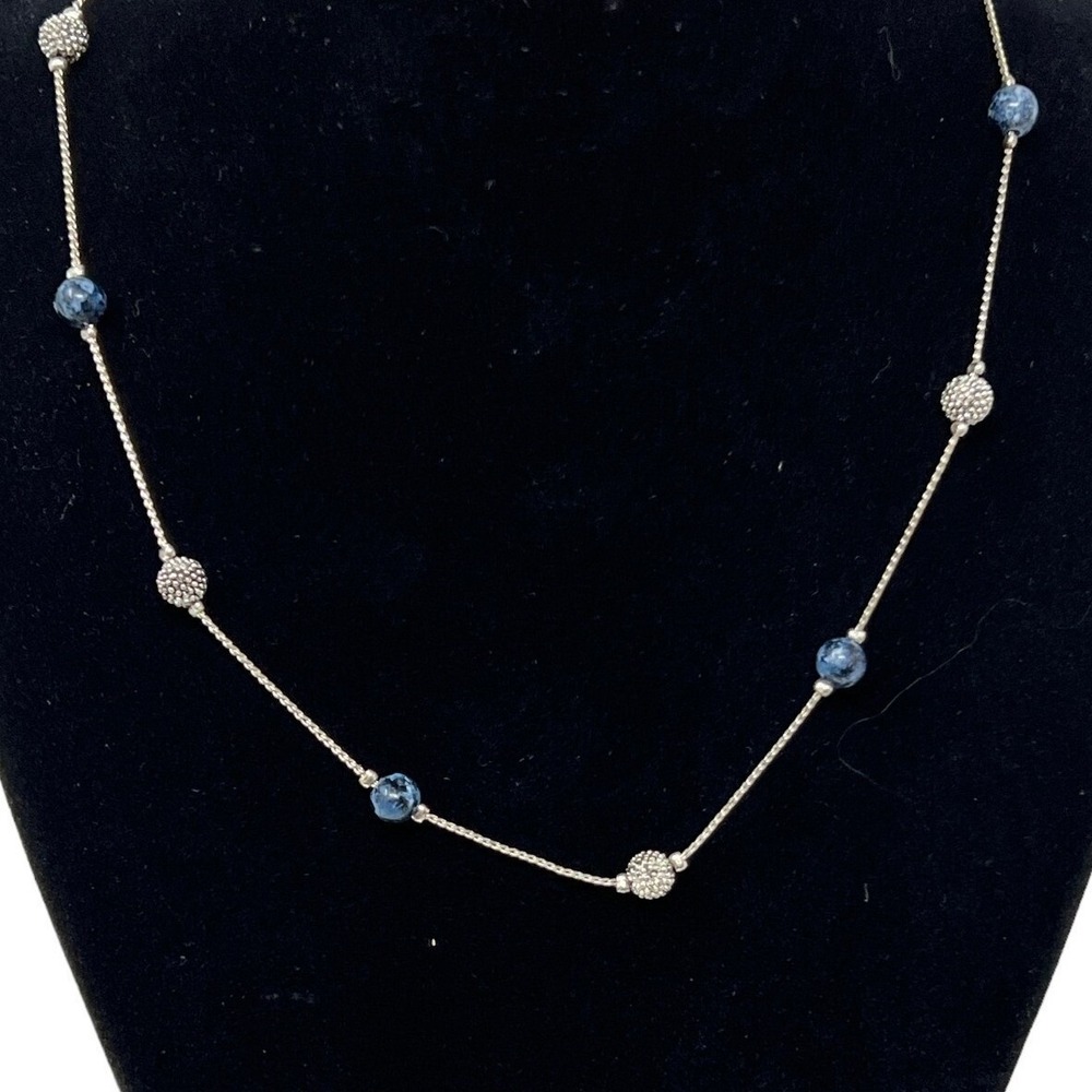 Carolina Herrera Necklace Marbled Blue Beads Silver Tone Serpentine Choker Chain